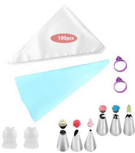 Yuannee Rörpåsar och munstycken set, 111 st glasyrsats, återanvändbara, bakverkspåsar, plastspritspåse för glasyr, rostfritt stål, spetsar, tårtdekoration, verktyg för tårta, cupcake, efterrätt, kakor