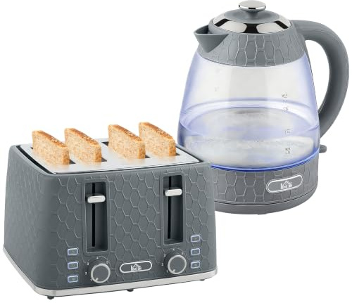 HOMCOM Kettle and Toaster Set 1.7L 3000W Jug Kettle 4 Slice Toaster Grey | Rapid Boil, Strix Thermostat, Limescale Filter, 7 Browning Controls, Crumb Tray
