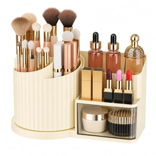 Kysren Make Up Organizer Drehbar, Pinselhalter Kosmetik mit Schublade, 360° Drehbar Kosmetik Aufbewahrung für Schminktisch Badezimmer, Große Kapazität, Beige