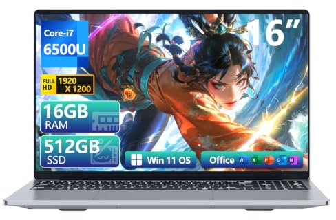 Txxren 16 inch Laptop, Core i7 6500U Laptop PC 16GB RAM 512GB SSD, Win11 Laptops Computer with UHD Graphics, 1920 * 1200 FHD Screen, Backlit Numeric Keypad/Touch ID, and USB 3.0 PC Notebook