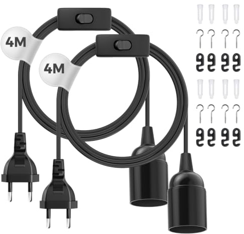 DiCUNO 4M E27 Lampenfassung mit Schalter, EU-Stecker, Schwarz, 2er Pack | E27 Lampensockel mit Netzkabel für Lampenaufhängung, Pendelleuchten, Deckenlampen, DIY-Projekte