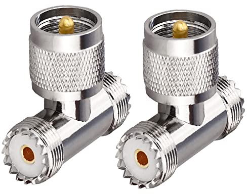 TUOLNK UHF Triple Tee Connector UHF Male to Dual UHF Female 3 Way Splitter Coax Adapter PL259 SO239 Combiner Splitter Adapter for Ham Radio CB Antenna 2 Pack