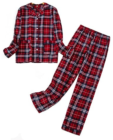 Ensemble de Pyjama pour Femme Flanelle Coton Confortable Boutonné Manches Longues Chemise et Pantalons