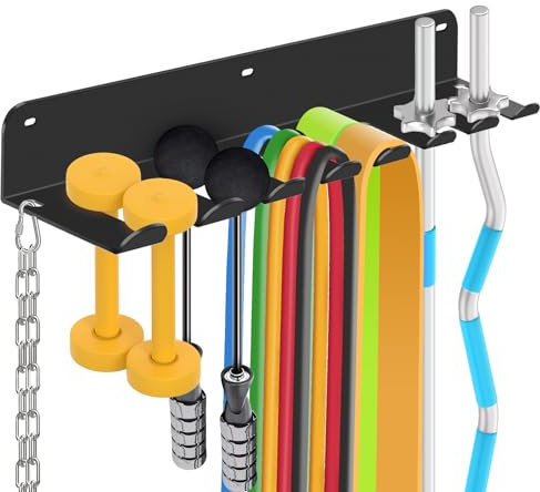 FizLig Gym Equipment Storage Rack - Multi-Purpose Home Gym Organization Storage Wall Mount for Resistance Bands, Jump Ropes, Lifting Belt, Chains, Barbells (16 / 8 Prongs)