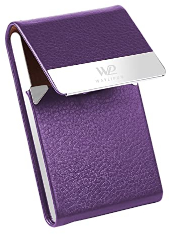 Waylipun Visitenkartenetui, Professionelles Visitenkartenhalter zur schonenden Aufbewahrung Ihrer Karten, Visitenkartenetui mit Magnetverschluss aus Metall und PU Leder für Herren Damen - Lila