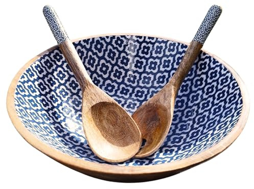 Hand Made Wooden Serving Bowls 12 Inch with set of wooden spoons, Fruit Bowls, Salad Bowls, Pasta Bowl, Serving Dishes Vibrant Colour Print, Large Bowls for Party, Housewarming, Wedding, Birthday Gift