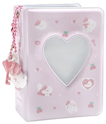 3 Inch Mini Photo Album, Heart Hollow Card Binder Photo Card Holder with Pendant 40 Pockets (pink white cat)