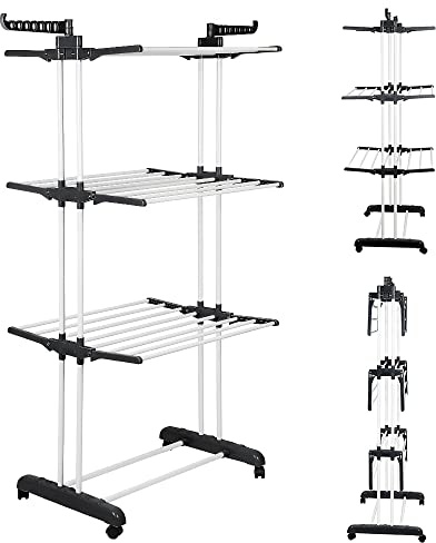 SHISHI Etendoir a Linge sur Pied, 3 Niveaux, Séchoir à Linge Pliable Portable, Séchoir à Vêtements avec Ailes Pliable, Acier INOX et Plastique, Étendoir Intérieur/Extérieur, 75×49×170 cm, Noir-Blanc