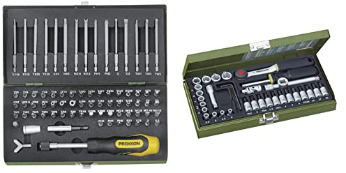 PROXXON Super-Sicherheits- und Spezialbitsatz, Schraubendrehergriff, 75-teiliges Bit-Set 23107 & Steckschlüsselsatz, Feinmechaniker-Satz mit 1/4-Umschaltratsche, 36-teiliges Werkzeug-Set