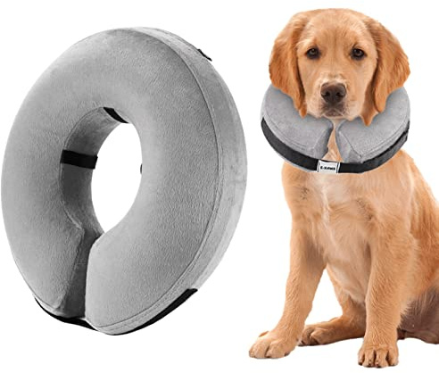 Uppblåsbart hundhalsband med snabbfrigöring och justerbar passform, denna skyddande hundkon för efter operation skyddar mot sömmar, bett, slickor och sår, mjukt återställningshalsband för husdjur för hundar, katter grå, L