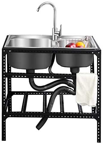 LBONG Lavello da Cucina Lavabo Indipendente Della Mano Della Lavanderia Vasca doppia in Acciaio Inossidabile Lavello da Pranzo con Accessori (72X38X75cm/28.5X14.9X29.5in)