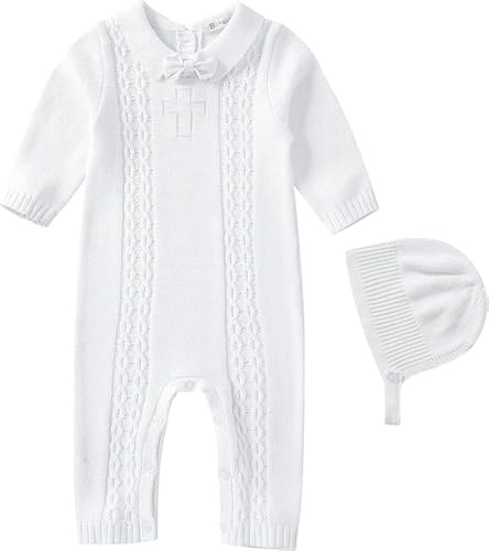 Booulfi Baby Boy Strampler 3-6 Monate Taufe Taufe Outfits für Jungen Neugeborenes gestrickt Pullover Herbst Winter Weiß Langarm Seite Snap Onesies Baby Fotoshooting Anzüge Kleidung mit Taufe Hüte