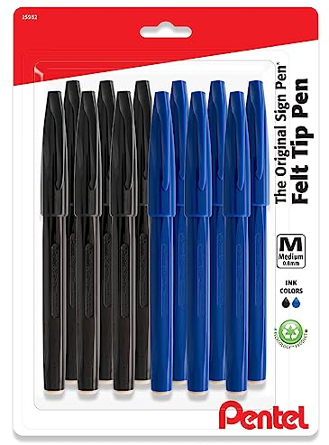 Pentel Sign Felt Tip Pens, Fiber-Tipped, Pack of 12 Felt Tip Markers (6 Black & 6 Blue),0.8 mm Medium Point