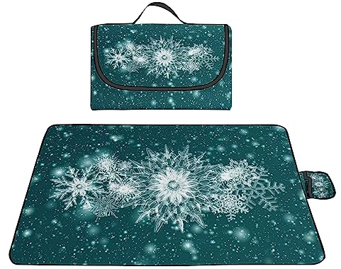 TengYuer Picknickdecke 180x200cm Stranddecke Wasserdicht Sandfrei Isoliert Faltbar Strandmatte mit Tragegriff Outdoor Campingdecke XXL für Camping Parks Strände Picknick GrüNe Schneeflocke