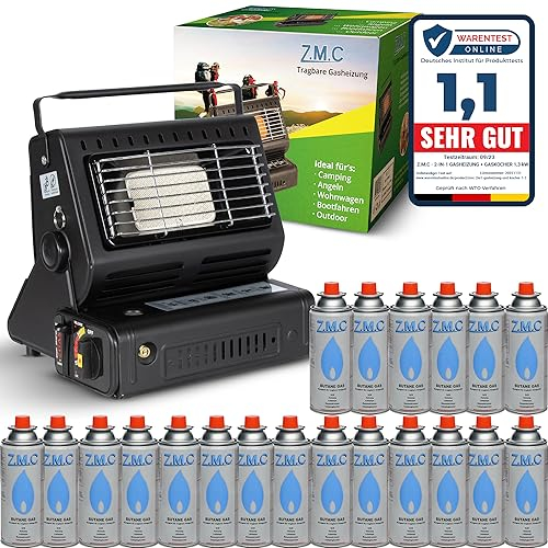 Z.M.C Calentador de gas portátil de cerámica 2 en 1 y hornillo de gas 1,3 kW, con conexión LPG + 20 cartuchos de gas, hornillo de camping con encendido piezoeléctrico, calefacción de camping