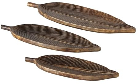 ReWu Dekotablett Holz Blatt 3er Set – Holztablett Natur Braun – Kerzentablett Dekoschale Tischdeko 30/40/50 cm – Blattform