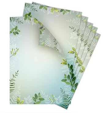Briefpapier-Set 25 Motivpapier DIN A4 Motiv Grün Eukalyptus Blättern beidseitig per Hand beschriftbar und mit allen Druckern und Kopierern bedruckbar für Einladung Briefpost Firmenpost Urkunde