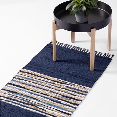 JEMIDI Tapis Chambre 60x130 - Tapis de Cuisine et Salon - Bleu et Blanc en Coton Long pour Descente de Lit