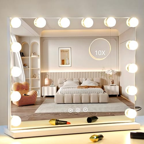 Nuvsan Vanity Mirror with Lights Lighted Makeup Mirror with Dimmable LED Bulbs, 3 Color Lighting Modes, USB Charging Port Touch Control, Sturdy Metal Frame Design,19.7 * 16.6inch White