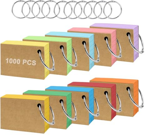 NIXRET Karteikarten A8, Vokabelkarten Bunt Papier Karten Karteikarten Liniert Flashcards mit Binderinge für Englisch Vokabeln, Formeln und Notizen (1000)