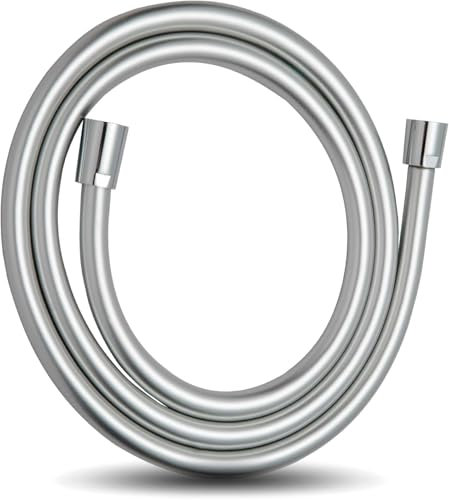 OFFO Tubo Doccia 1.2 m, con Protezione Antitorsione, Flessibile Doccia in PVC, Tubo Doccia Flessibile Alta Pressione di Ricambio, per rubinetti del Bagno, Argento