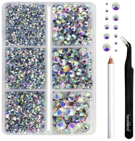 BEADSLAND Strass Termoadesivi, 4000 Pezzi AB Strass Hotfix per Abbigliamento Artigianato Misto 6 Dimensioni con Matita di Cera e Kit Pinzette, SS6-SS30, Crystal AB