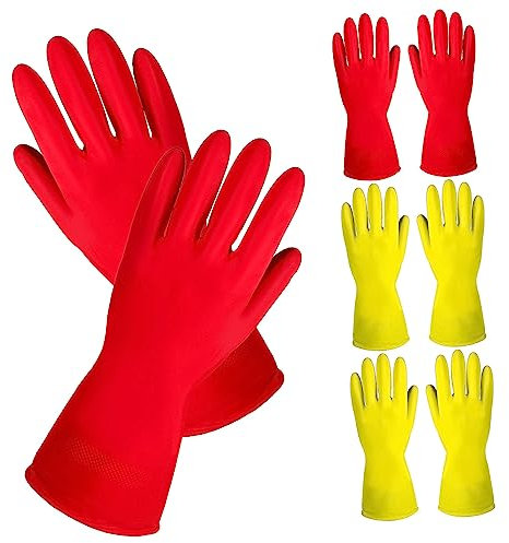 BCOATH 4 Paar Gummi Reinigungshandschuhe Rutschfest Wiederverwendbare Haushaltshandschuhe Mit Baumwollfutter Für Küche Und Gartenarbeit Mittlere Größe Gelb 2 Stück Rot