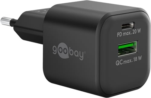 Goobay USB C Dubbel Snabbladdare Nano PD (20W)/QC USB-A (18W) för Samsung, iPhone, iPad, MacBook/Laddningsuttag/Strömadapter för Laddningskabel/Svart 65864