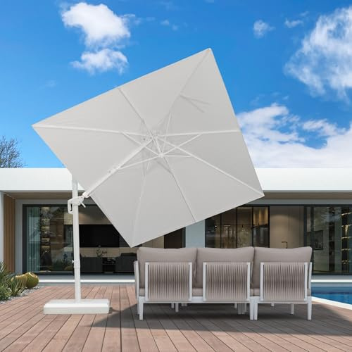 PURPLE LEAF Sonnenschirm Twist 250 × 350 cm mit Kurbel 360° Rotation, Weiß | 5-Fach Verstellbar, Beidseitig Axial Schwenken, Ampelschirm Weißer Alurahmen, UV50+, 8 Stabile Streben, Farbechtes Polyeste