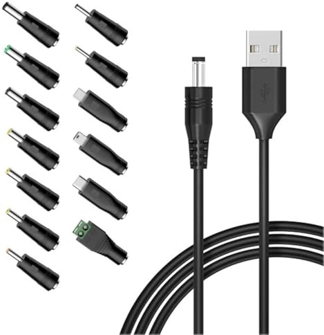 JZK 1.5M multifunctional 5V USB power charging cord DC 5.5 X 2.1mm plug adapter with 13x DC connectors, USB to DC 5V chager cable with micro USB/Type-C/Mini USB tip
