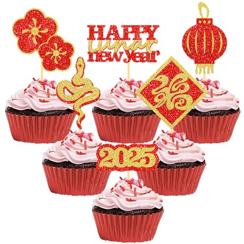 30 Stück Glitzer Frohes Neues Jahr Cupcake Toppers, Tortendeko Chinesischen Neujahr, Frühlingsfest Kuchendekorationen für Chinesisches Neujahrsdeko, Silvesterdeko Party (Happy Lunar New Year)