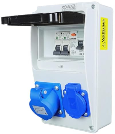 RoadEu - Répartiteur de courant 230 V. Monophasé CEE 16A 3P prise et prise 230V avec disjoncteur automatique 16A et disjoncteur différentiel 40A. Parfait pour un atelier, une remise ou un jardin.