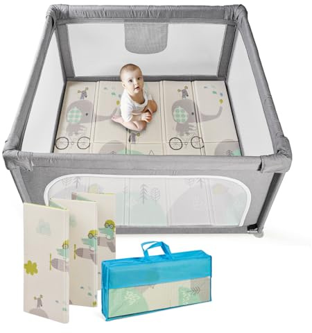 MS Parque L + Alfombra de Juegos para Bebé 120X120 cm - Doble Cara, Tapete Muy acolchado (1cm Grosos), Plegable y con Bolsa de transporte