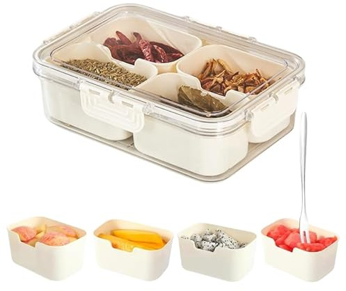 Snackle Box Container, Portable Snack Box 4-8 Compartment Divided Serving Tray with Lid and Handle, Clear Storage Organizer for Fruit Candy Nuts Veggie - Perfect for Road Travel Party (4 Compartments)