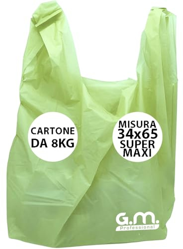 GM - Kg.8 Buste Spesa Biodegradabili con Manico, Mis.34x65, Circa 272 Pezzi a Scatola, Shopper Verde BIO Compostabili Per Alimenti, Sacchetti Extra Resisenti, Buste per Rifiuti Organici (SUPER MAXI)
