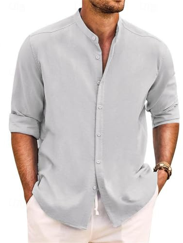 Yageshark skjorta herr linneskjorta långärmad sommarskjorta button down ståkrage skjortor fritidsskjorta casual normal passform strandskjorta linne skjorta, LJUSGRÅ, M