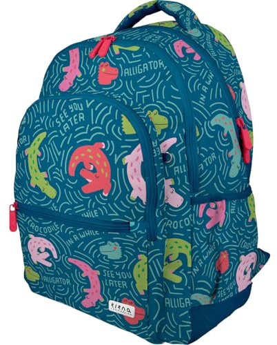 Grafoplas Skolryggsäck med tre fack, 33 x 46 x 22,5 cm, 30 liter, vadderad bärbar dator, modell, gummimodell, alligatordesign, Elena Corredoira, anpassningsbar till vagn, perfekt för barn, Blå
