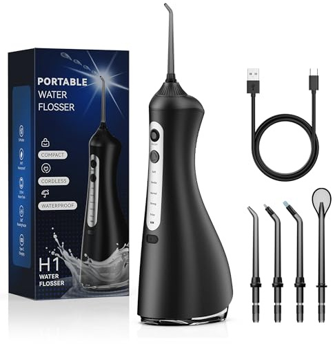 Water Dental Flosser for Teeth Cordless, Portable Oral Irrigator 310ML 4 Jet Tips Rechargeable Tooth Flosser Teeth Braces Pick IPX7 Waterproof Irrigation Cleaner for Travel Home