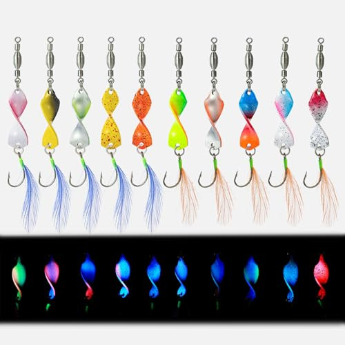 SANTUO 10Pcs Angelforellen Spinner Set mit Aufbewahrungsbox Mixed Bunte Metallguss Angeln Spinner Köder Glühen im Dunkeln Köder Zubehör für Seebarsch Hecht