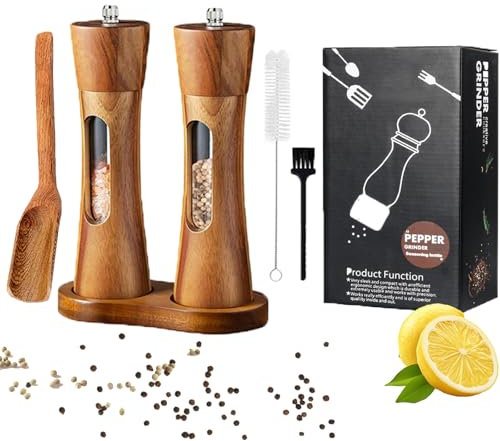 Fleymu Juego de molinillos de sal y pimienta de madera (2 unidades) – Juego de molinillos de especias manuales con mecanismo de cerámica ajustable, incluye posavasos, cepillo de limpieza y cuchara