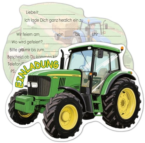 RFBEUTEL 12x Traktor Einladungskarten Kindergeburtstag Geburtstag Einschulung Einladung Party Geburtstagsfeier Kinderparty Geburtstagseinladung für Jungen Mädchen Kinder