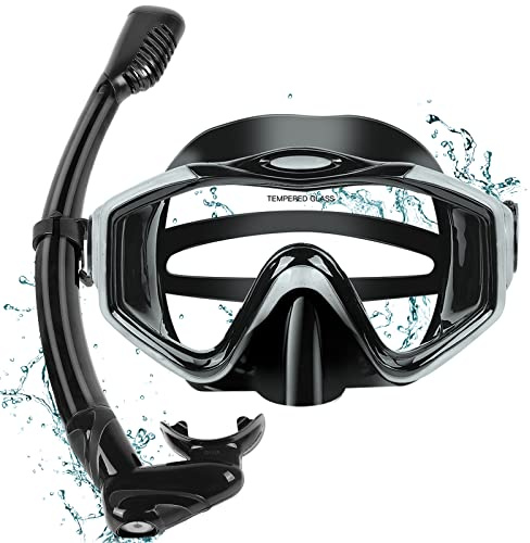 KUYOU Snorkeling Gear for Adults, Dry Top Snorkel Set 180° Panoramic View Snorkel Mask Set, Anti-Leak and Anti-Fog Diving Mask with Mesh Bag for Snorkeling Scuba Diving Travel (Metallic Black)