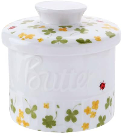 Burriera in ceramica con coperchio, stile vintage, motivo quadrifoglio, 10 x 10 x 8 cm