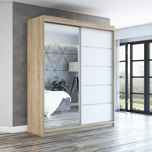 A&J MöbelLand Schwebetürenschrank GAPI Kleiderschrank 2-türig mit Spiegel, Garderobe 160 cm (Sonoma/weiß/weiß)