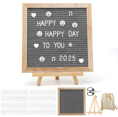 LOMUG Grau Letter Board aus Eiche und Filz 25×25cm Quadratisch Buchstabentafel mit 350 Buchstaben Staffelei und Beutel Buchstaben Tafel Holz Buchstabenbrett Rillentafel Memotafel mit Metallhaken