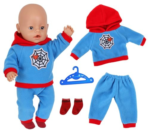 Baby Puppen Puppenkleidung 35-43 cm, 4 Stück Puppenkleidung für Baby Puppen Spinnen Thema Kapuzensweatshirt, 1 Rot Blau Hose, 1 Socken, 1 Hänger, Kleidung Outfits für Baby Puppen Kleidung für Kinder