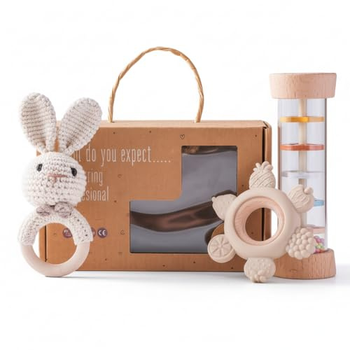 AURÉLIE & CO. Baby Rassel & Greifling Set Hase – 3-tlg. Montessori Holzspielzeug – Geschenk zur Geburt & Taufe – Babyspielzeug 0–12 Monate – BPA-frei