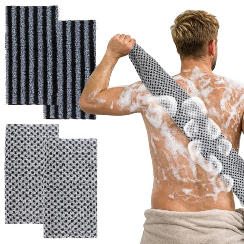 4 guantes exfoliantes permanentes para limpieza profunda y exfoliante corporal, paños exfoliantes extralargos para baño, sauna, exfoliante de espalda para mujeres y hombres (gris-negro)