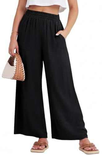 GRECERELLE Wide Leg Pants for Women Palazzo Trousers Casual Flowy Black | With Pockets|High Waisted Elastic|Slimming|Breathable Lightweight|Everyday Versatile Essential|Work&Travel|Black-M