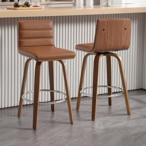 Bekrvio Barhocker 2er Set 200kg belastbar, Drehbar 65 cm Sitzhöhe, Barhocker mit Lehne, Kunstleder gepolstert, Massivholz Beine aus Bugholz, Tresenhocker Stabil für Küche & Insel Braun